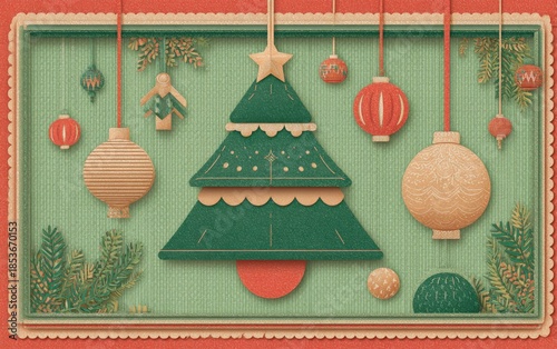 christmas greeting card with paper cut style ornament and pine branches