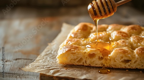 Freshly baked bread topped with golden honey drizzling from a wooden dipper, showcasing a delicious culinary treat with inviting textures and warm ambiance
