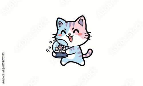 Happy Cartoon Cat Holding a Coffee Cup vector  White background