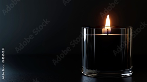 Black candle in a clear glass holder is lit, casting a warm glow against a dark background, creating a serene and calming atmosphere for relaxation and meditation