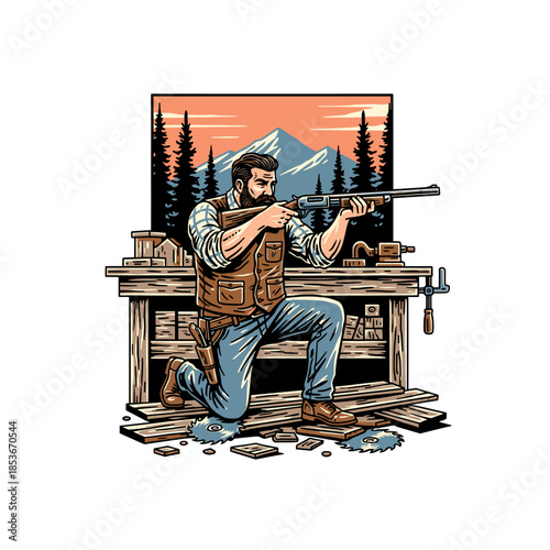 vintage vector illustration of a hunter or craftsman with a rifle in a mountain workshop.
