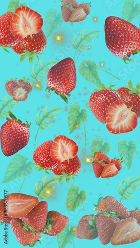 seamless pattern with berries, Close-up flat lay of fresh strawberry slices and whole strawberries arranged in a playful repeating pattern on a bright Stream Blue calm background. Vibrant red berries 