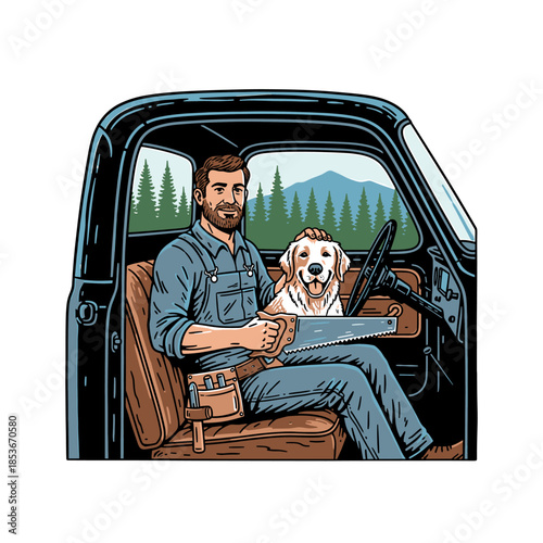 vintage vector illustration of a woodworker and his dog resting in a classic pickup truck.