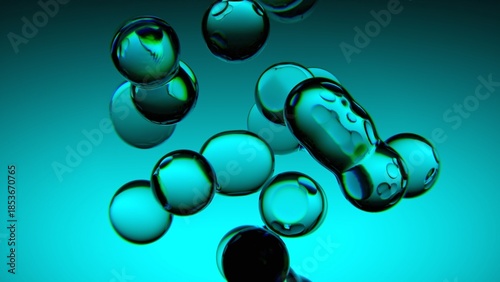 Floating translucent molecular shapes on cyan background