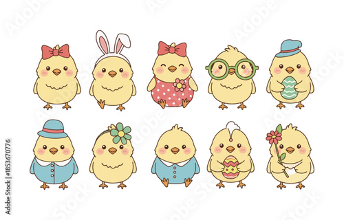 Cute Easter Chicks Collection Vector Illustration.