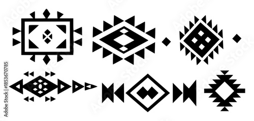 Black and white geometric tribal patterns and symbols with triangles and diamonds