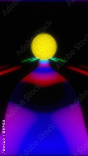 Glowing yellow sphere with vibrant neon gradients on dark background