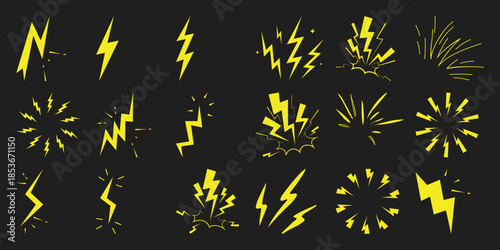 Collection of yellow lightning bolt and energy burst black background