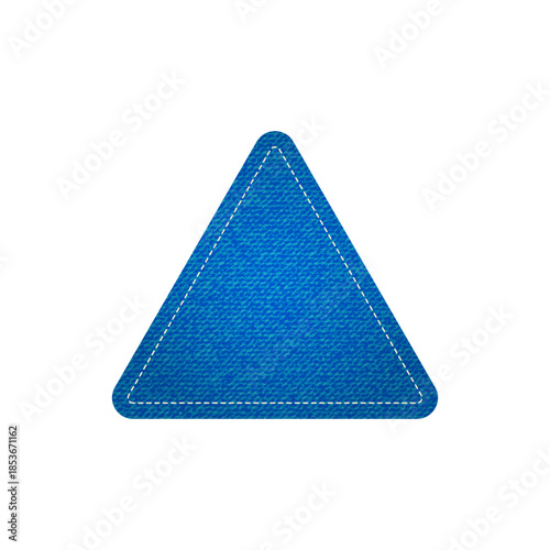 Blue denim triangle-shaped badge or label featuring decorative dashed stitching around the border
