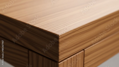 Close-up of wooden furniture corner, showcasing natural wood grain and smooth edge details