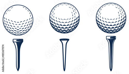 Dark blue golf balls and tees arranged in a row a white background sport game