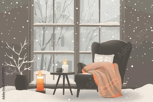 cozy winter home interior with tea and candle