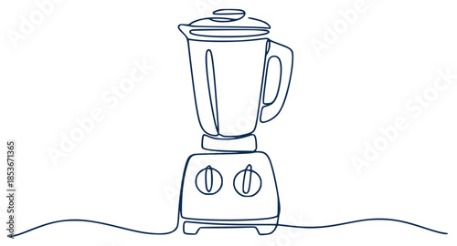 Minimalist single of a dark blue blender with circular dials a white background kitchen appliance