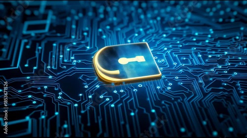 Enhanced digital security solutions padlock symbolizing protection on an integrated circuit board with advanced encryption iconography.