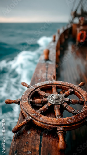 Wooden Ship Steering Wheel on Deck with Sea View. Nautical Travel, Marine Adventure.