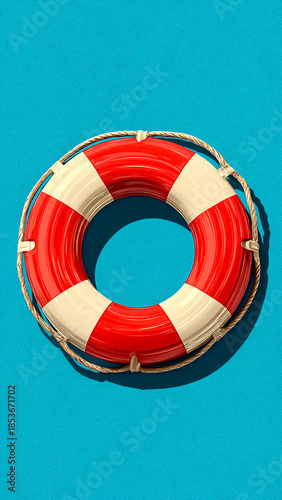 A Red Lifebuoy on Textured Blue Background. Marine Art, Summer Decoration.