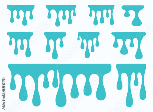 Teal liquid drips and drops abstract white background
