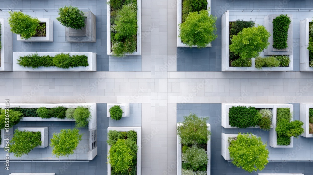 Fototapeta premium Urban agriculture concept featuring green rooftop gardens with lush plants arranged in geometric patterns, promoting sustainable living and environmental awareness in modern cityscapes