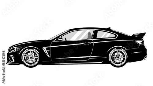 Side profile of a sleek, black, two-door sports coupe with a spoiler, on a white background