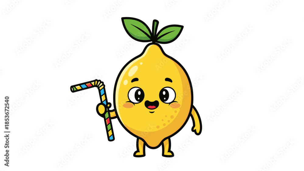 Obraz premium Cartoon Lemon Character with Drinking Straw.