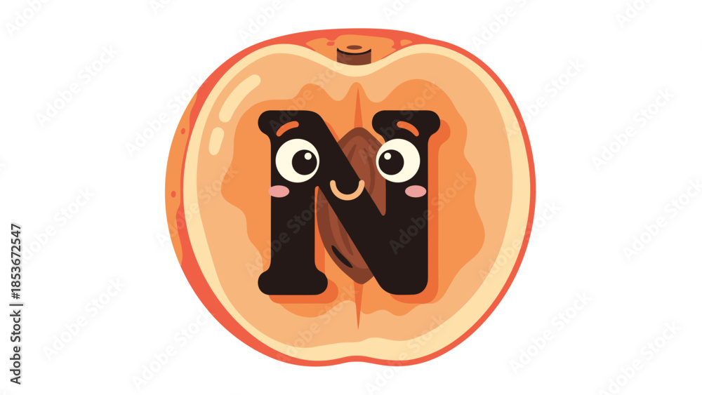 Obraz premium Cartoon Letter N Inside Peach Slice.