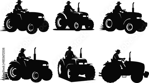 Silhouette of farmer driving tractor, agricultural machinery concept, vector illustration for farming, rural work, cultivation, countryside lifestyle