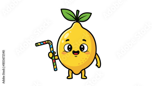 Cartoon Lemon Character with Drinking Straw.