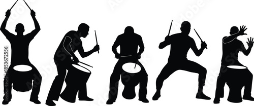 Silhouette of group drummers performing, rhythmic movement, traditional drum art, cultural music, dynamic pose, black vector illustration
