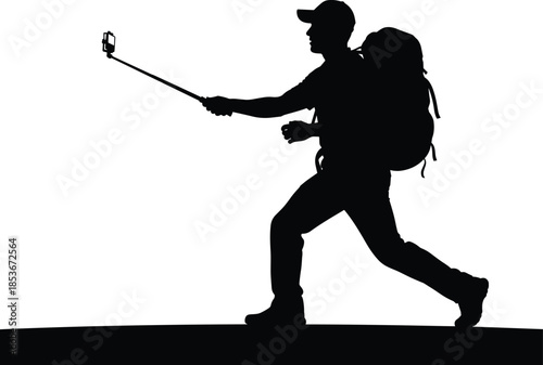 Silhouette of hiker with backpack and selfie stick, outdoor adventure pose, modern trekking gear, black vector illustration