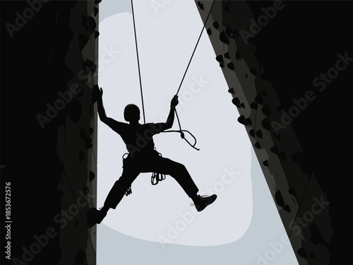Silhouette of indoor rock climber in action, harnessed ascent, climbing wall pose, fitness challenge, vector illustration, black background