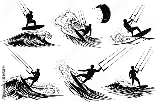Silhouette of kite surfers performing aerial tricks, wave riding action, ocean sport motion, black vector illustration, extreme water activity