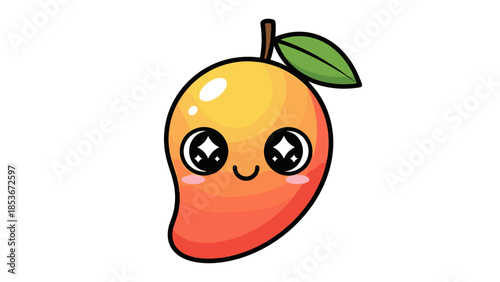 Cartoon Mango Character with Green Leaf.
