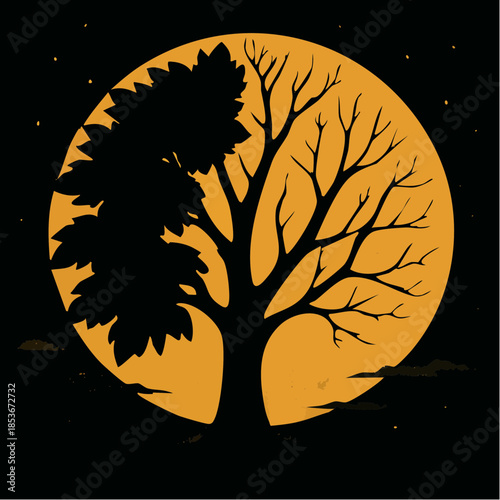Silhouette of spooky tree and full moon for Halloween mood.
