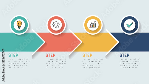 Four steps business arrow infographic with circular icons and text areas for presentation