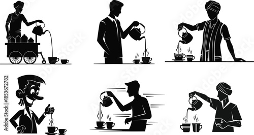 Silhouette of person pouring tea into cups, cultural tea service concept, vector illustration for hospitality, tradition, beverage preparation