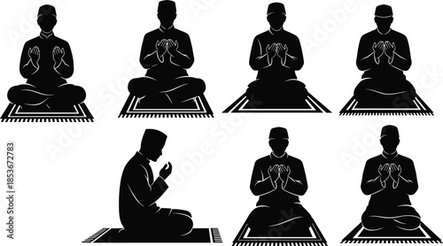 Silhouette of person praying on mat, Islamic worship posture illustration for spirituality, devotion, religion, unity, vector content
