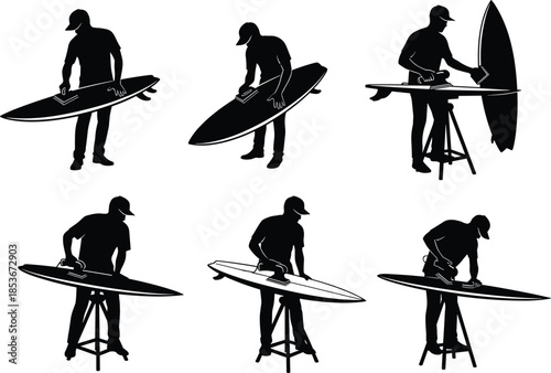 Silhouette of surfboard shaping process, sanding, measuring, crafting pose, artisan work, black vector illustration, surfboard workshop scene