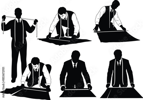 Silhouette of tailors measuring fabric, cutting cloth, traditional garment making, precision work, tailoring pose, black vector illustration