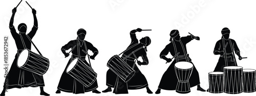 Silhouette of traditional drummers performing, cultural music rhythm, ceremonial drum art, dynamic pose, black vector illustration, folk percussion
