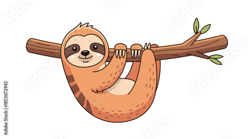 Cartoon Sloth Hanging on Tree Branch.