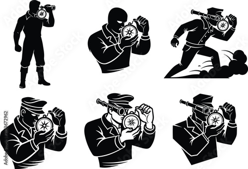 Stylized explorer holding compass and telescope, navigation and vision concept, silhouette vector for strategy, guidance, discovery, stock illustration