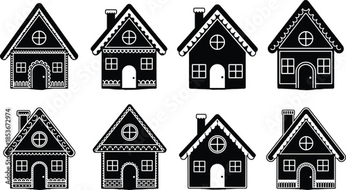 Silhouette of whimsical house designs, gingerbread architecture, decorative trim, fantasy home shapes, black vector illustration, cozy cottage style