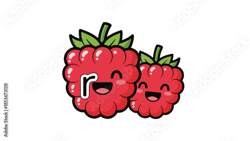 Happy Cartoon Raspberries with Smiling Faces.