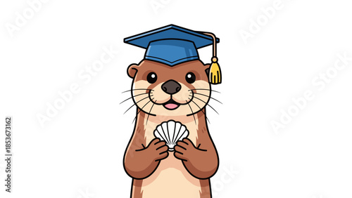 Otter Wearing Graduation Cap Holding Diploma.