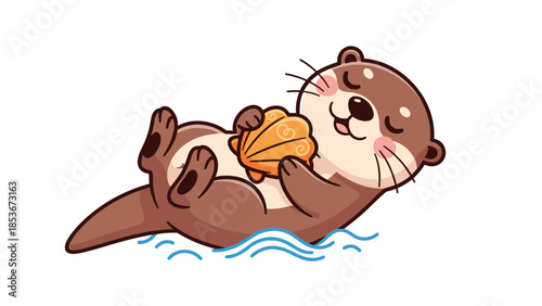 Otter floating on back holding seashell.