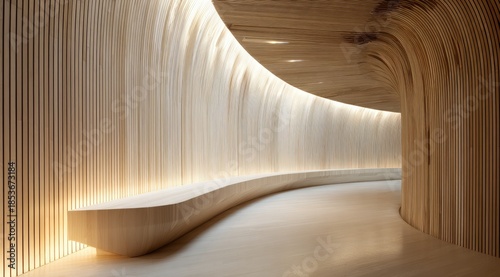 Organic wood corridor featuring bench & ambient light