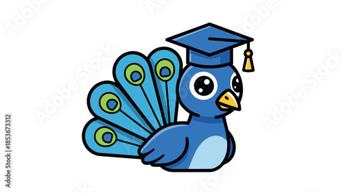 Blue Peacock Wearing Graduation Cap Cartoon.