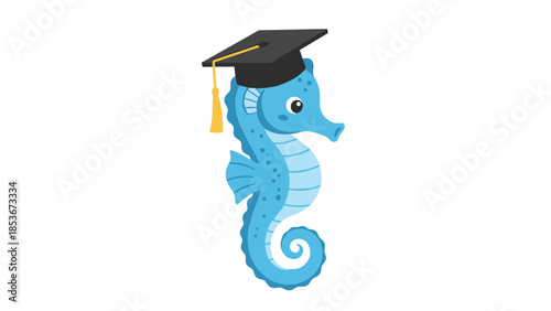 Blue Seahorse Wearing Graduation Cap Illustration.