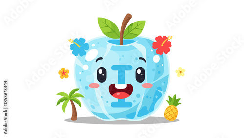 Cartoon Blue Apple Character with Flowers.