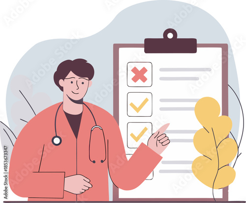 Doctor reviewing medical checklist with approval and rejection marks flat vector illustration